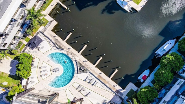 drone / aerial view featuring a water view