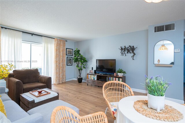 living room with a textured ceiling and light hardwood / wood-style floors