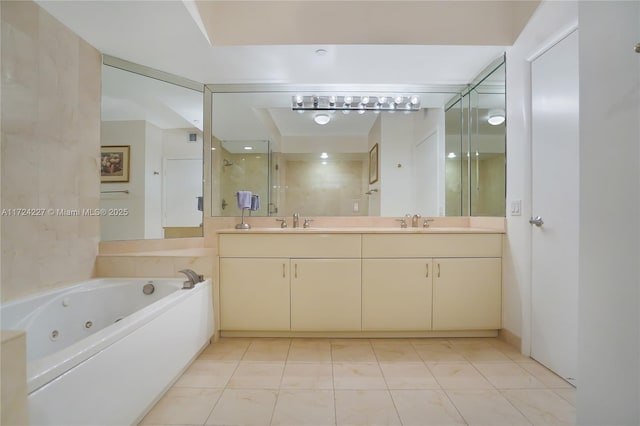 bathroom with tile patterned floors, plus walk in shower, and vanity