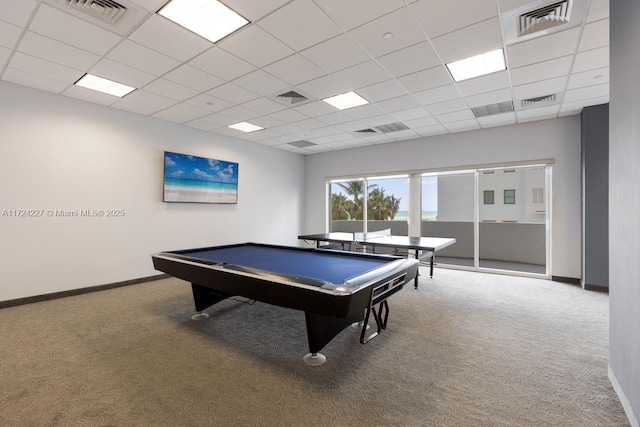 game room featuring pool table, a paneled ceiling, and carpet