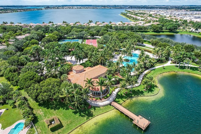 bird's eye view with a water view