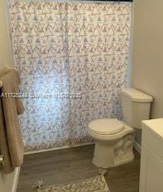 bathroom with toilet, vanity, and hardwood / wood-style floors