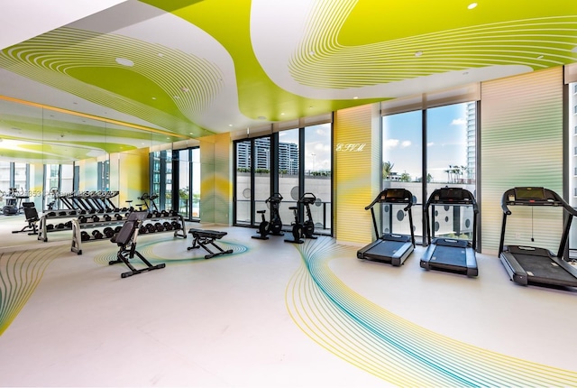 exercise room featuring floor to ceiling windows