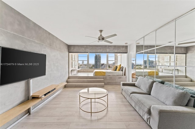 3 Island Ave Pha, Pha, Miami Beach, FL 33139 - living area with a city view, a ceiling fan, and wood finished floors