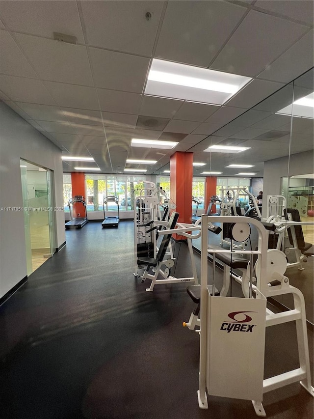 workout area featuring a drop ceiling and a healthy amount of sunlight