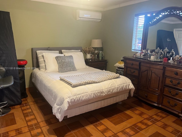 bedroom with ornamental molding and a wall mounted air conditioner