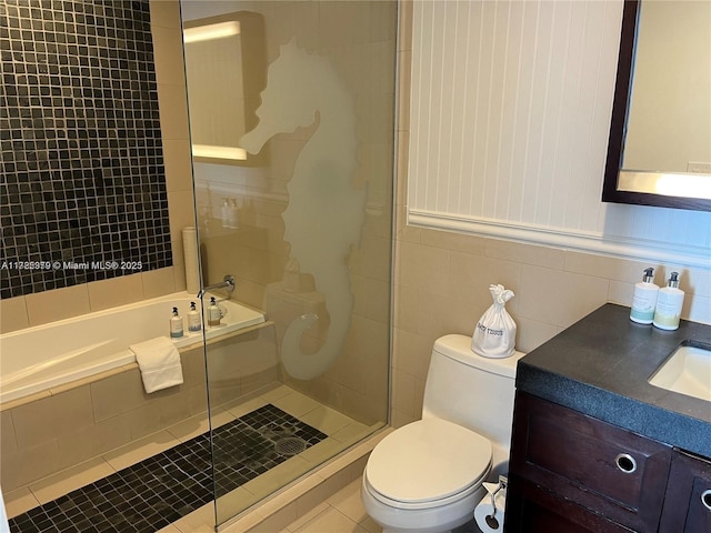 full bathroom with toilet, shower with separate bathtub, tile patterned flooring, and vanity