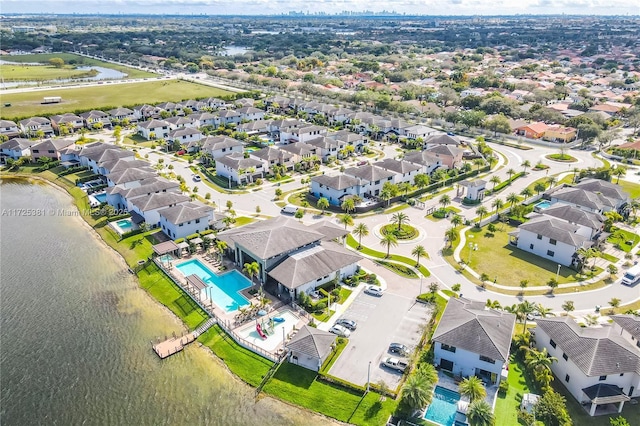 drone / aerial view featuring a water view