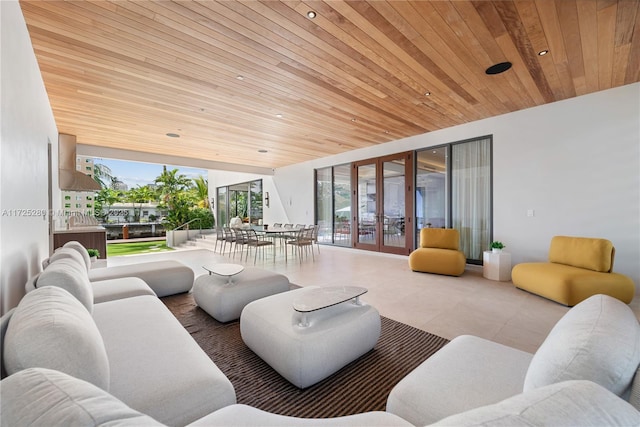 living room with wood ceiling