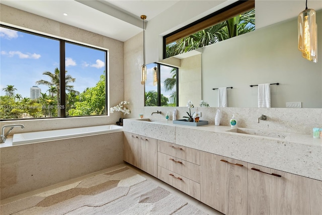 bathroom featuring vanity, tiled tub, and a healthy amount of sunlight