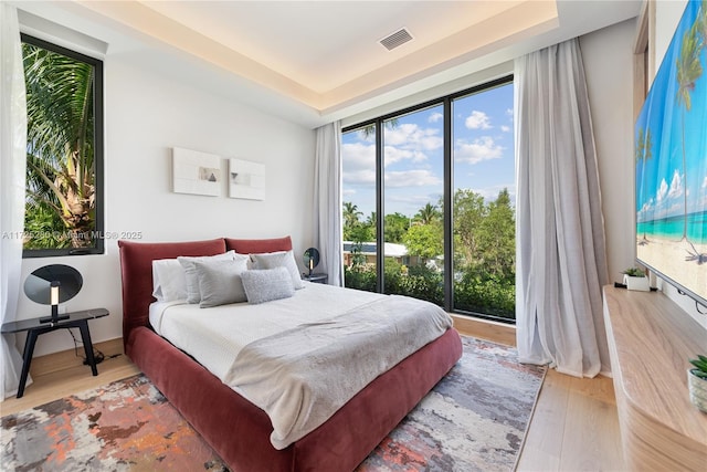 bedroom featuring a tray ceiling, light hardwood / wood-style flooring, and expansive windows