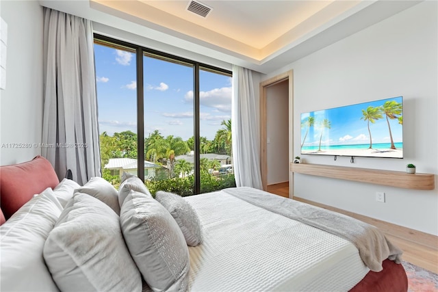 bedroom with hardwood / wood-style flooring and a tray ceiling