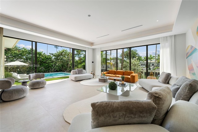 living room with a tray ceiling