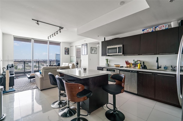 kitchen with stainless steel appliances, sink, floor to ceiling windows, a kitchen island, and a breakfast bar