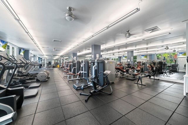 workout area with ceiling fan