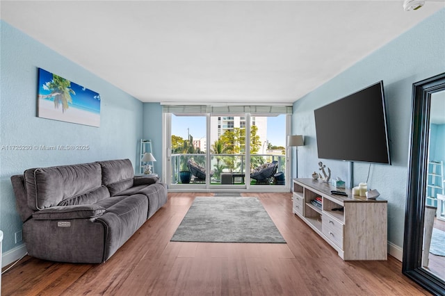 living room with a wall of windows and light hardwood / wood-style floors