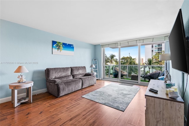 living room with floor to ceiling windows and hardwood / wood-style flooring