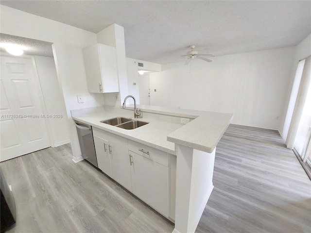 kitchen with sink, stainless steel dishwasher, white cabinets, and kitchen peninsula