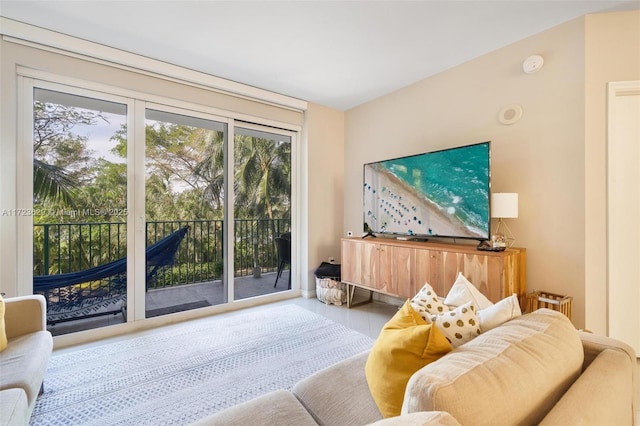 living room featuring light tile patterned flooring