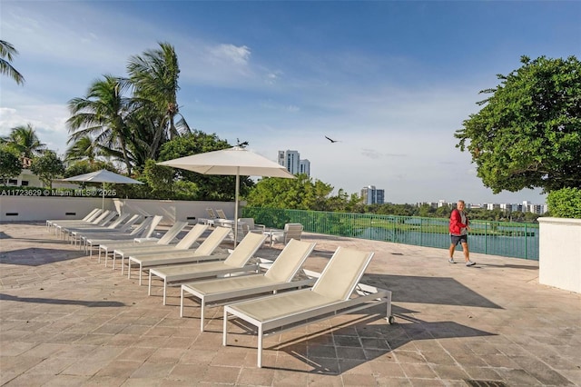 view of patio / terrace featuring a water view