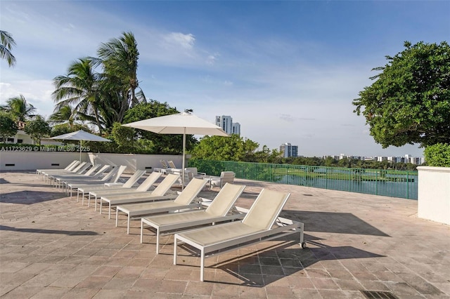 view of patio / terrace featuring a water view