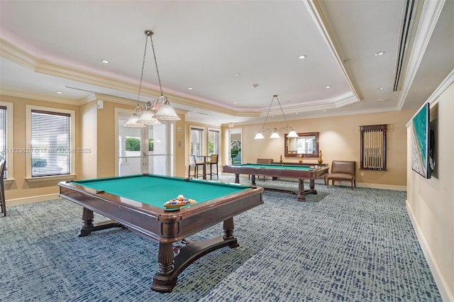 rec room with billiards, a raised ceiling, french doors, crown molding, and carpet flooring