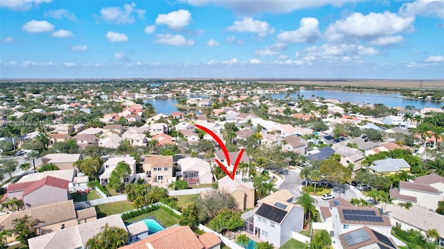 aerial view featuring a water view