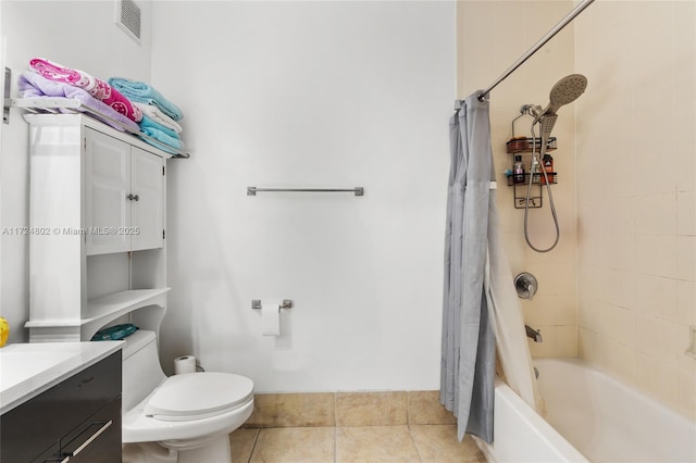 full bathroom featuring tile patterned floors, toilet, shower / tub combo, and vanity