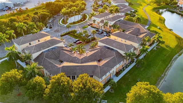 drone / aerial view featuring a water view