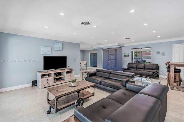 living room with crown molding