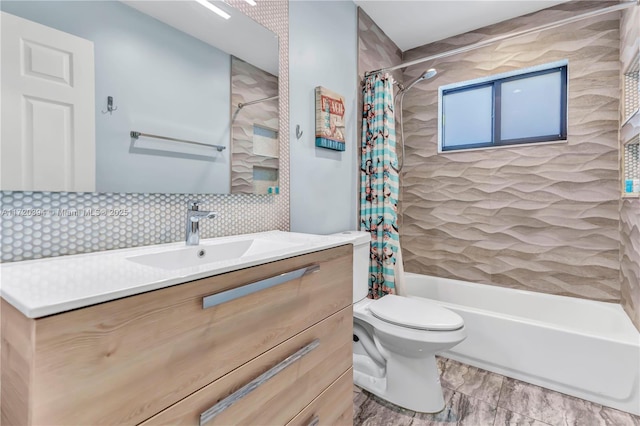 full bathroom with tasteful backsplash, shower / tub combo, vanity, and toilet