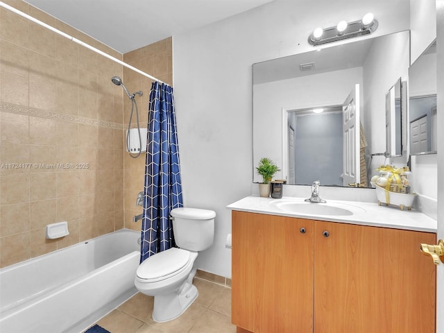 full bathroom with toilet, tile patterned flooring, shower / bath combo, and vanity