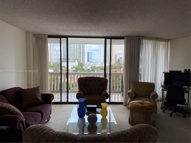 living room featuring a textured ceiling, carpet floors, and expansive windows