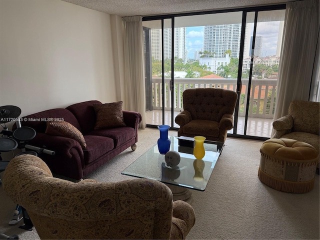 living room with floor to ceiling windows, a textured ceiling, and carpet floors