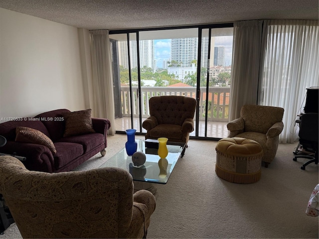 carpeted living room featuring a textured ceiling and expansive windows