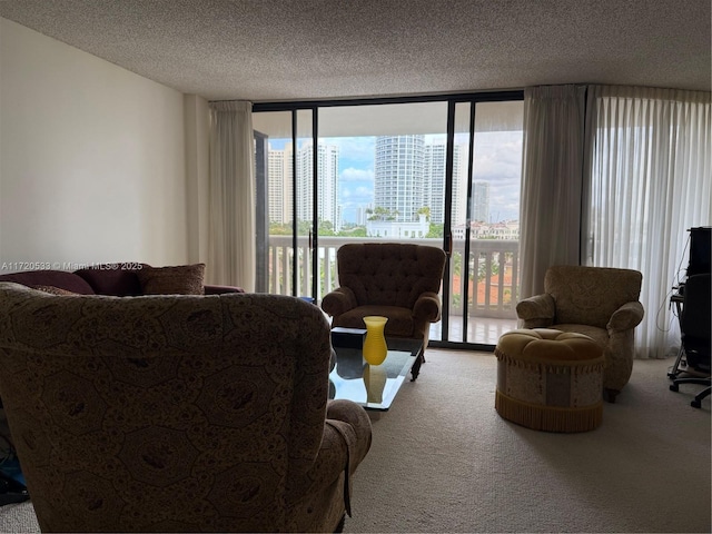 carpeted living room with a textured ceiling and floor to ceiling windows