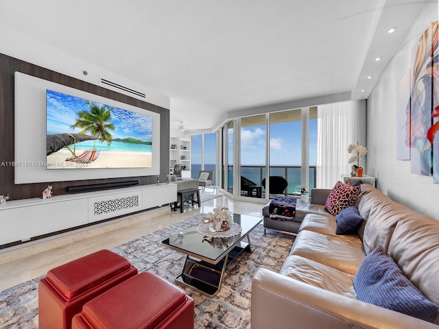 living room featuring floor to ceiling windows, built in features, and ceiling fan