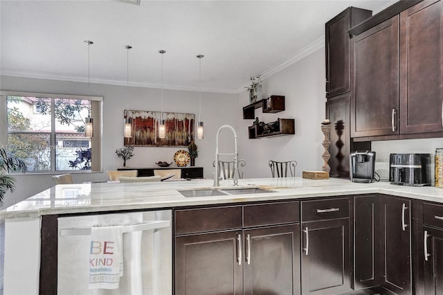 kitchen with decorative light fixtures, sink, ornamental molding, stainless steel dishwasher, and dark brown cabinets