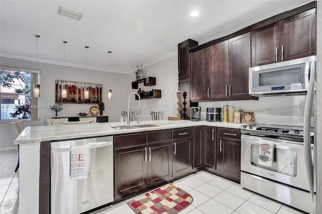 kitchen featuring appliances with stainless steel finishes, kitchen peninsula, sink, and light tile patterned floors