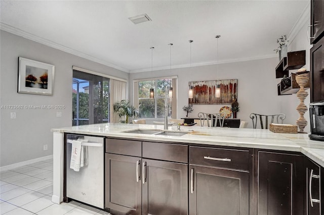 kitchen with sink, hanging light fixtures, ornamental molding, stainless steel dishwasher, and light stone counters