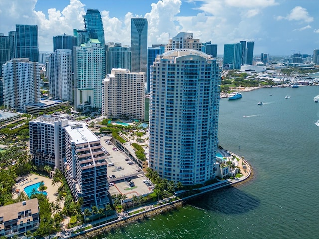 drone / aerial view featuring a water view