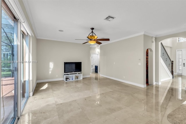 unfurnished living room with ornamental molding and ceiling fan