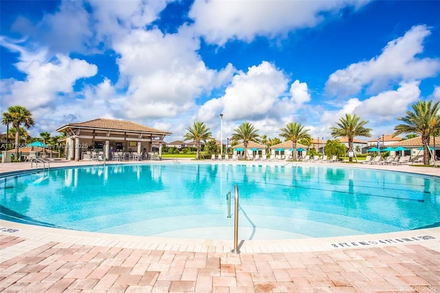 view of swimming pool featuring a patio area