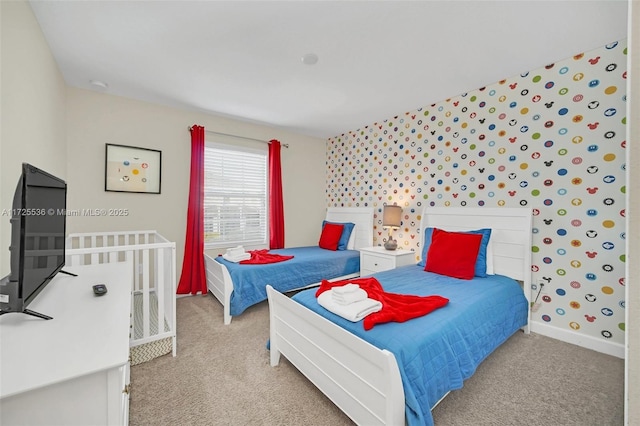 bedroom with light colored carpet