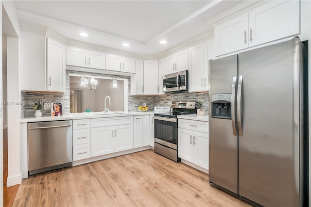 kitchen featuring white cabinetry, stainless steel appliances, light hardwood / wood-style floors, and sink