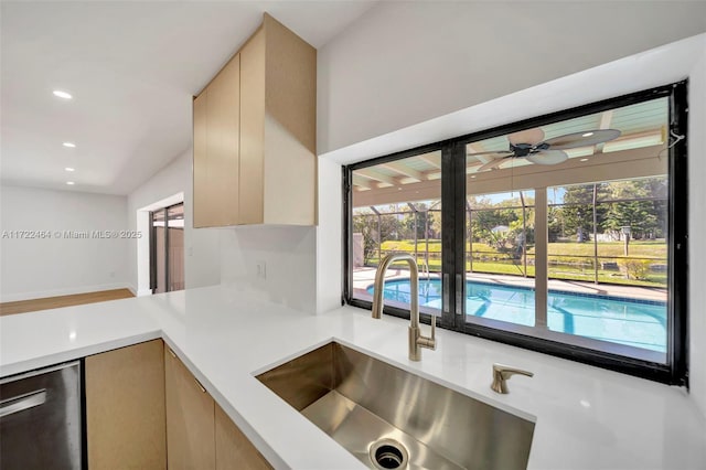 kitchen with sink, stainless steel dishwasher, ceiling fan, and a healthy amount of sunlight