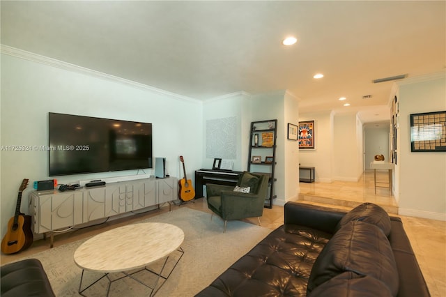 living room with ornamental molding and light tile patterned floors