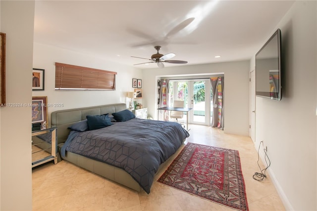 tiled bedroom with ceiling fan, french doors, and access to exterior