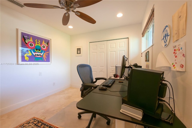 office area featuring ceiling fan