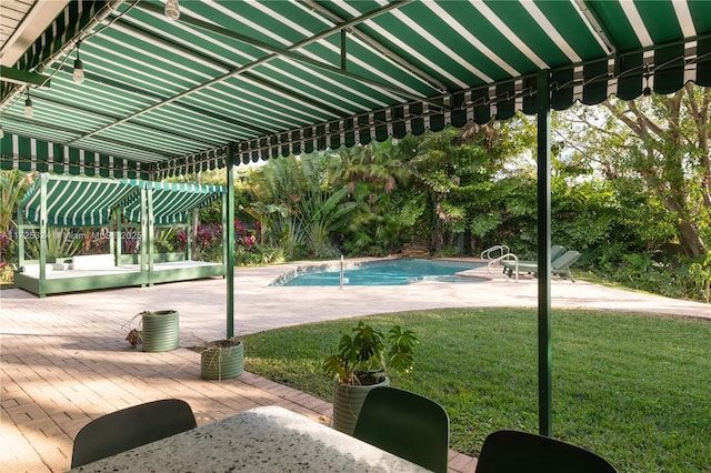 view of swimming pool featuring a lawn and a patio area